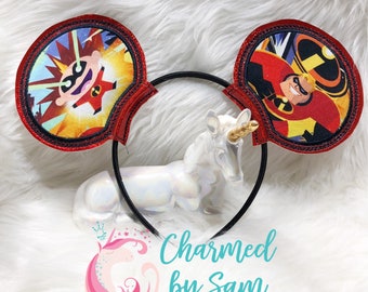 Handmade Custom Fabric The Incredibles inspired ears, Mr. Incredible, Jack-Jack, adult/child mouse ears, Disneyland, Sequin Holographic ears