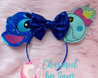 Large Glitter Scrump and Stitch Inspired Minnie Mickey Ears headband, Stitch Headband, Alien adult child headband, Lilo and Stitch