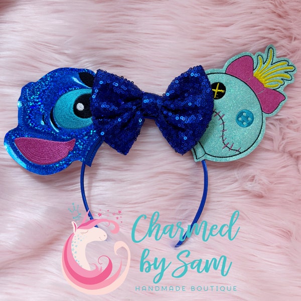 Large Glitter Scrump and Stitch Inspired Minnie Mickey Ears headband, Stitch Headband, Alien adult child headband, Lilo and Stitch