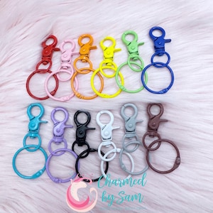 May include: A collection of colorful metal swivel clasps with key rings. The clasps are in various colors, including red, pink, orange, yellow, green, blue, teal, purple, black, white, gray, and brown. The text "Charmed by Sam" is visible.