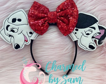 Glitter Pongo Perdita Inspired 101 Dalmations Mouse Ears  Mickey Minnie Ears adult child headband, sequin bow, glitter dog ears