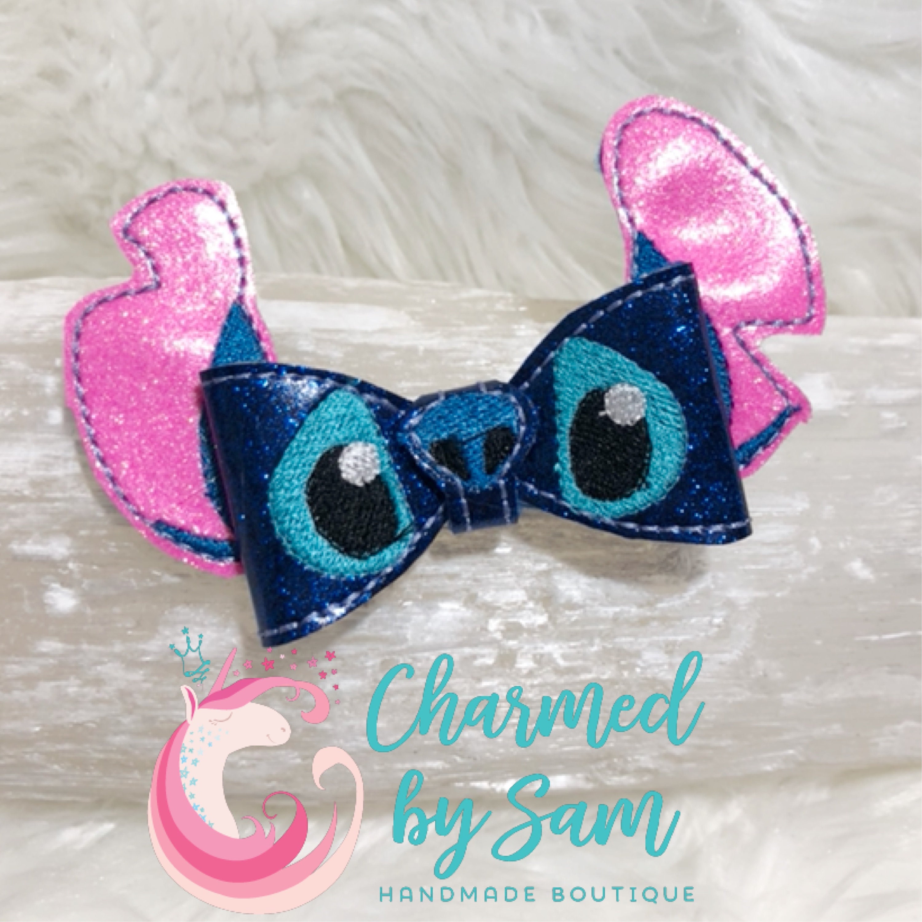 Glitter Stitch Holographic Inspired Minnie Mickey Ears headband,  Disneyland, Stitch Headband, Blue Alien, Sequin Bow, Lilo and Stitch Angel