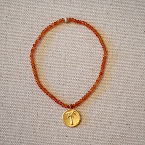 Palm Tree Coin Charm Orange Garnet stretchy bracelet, 22k gold fill palm tree coin charm, semi precious orange quartz gemstones, stretchy