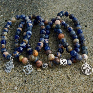 Sodalite Semi-Precious Beaded Bracelet with Sterling Silver Hamsa Hand or Aum, Charm or Bead