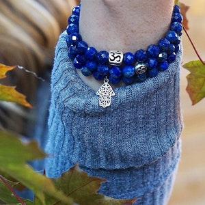 Lapis Lazuli Bracelet with sterling silver Namaste Charm or Bead, aum bead bracelet, hamsa hand bracelet, sterling silver aum hamsa bracelet