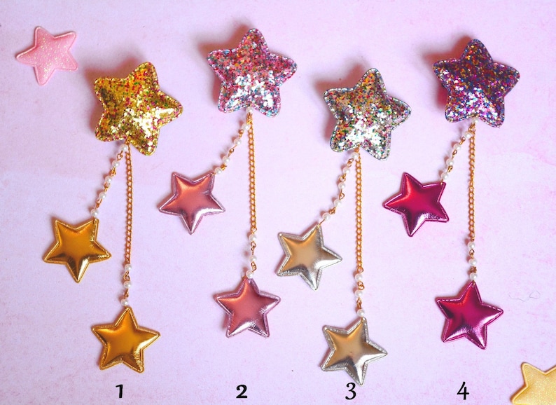 Barrette Clip Cheveux Etoile Filante Paillette Pastel Goth Kawaii Sweet Lolita Fairy Kei Spank Punk Harajuku Mignon Perles Chaine Métallique