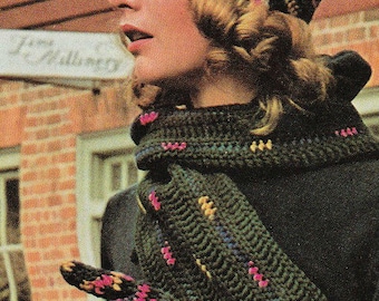 Crochet scarf pattern, crochet hat pattern, crochet mittens pattern, multicolor hat pattern, set cap scarf gloves pattern vintage crochet