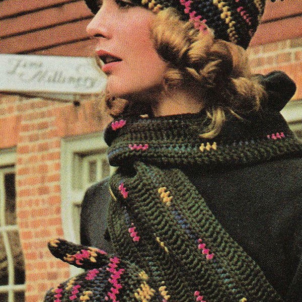 Crochet scarf pattern, crochet hat pattern, crochet mittens pattern, multicolor hat pattern, set cap scarf gloves pattern vintage crochet