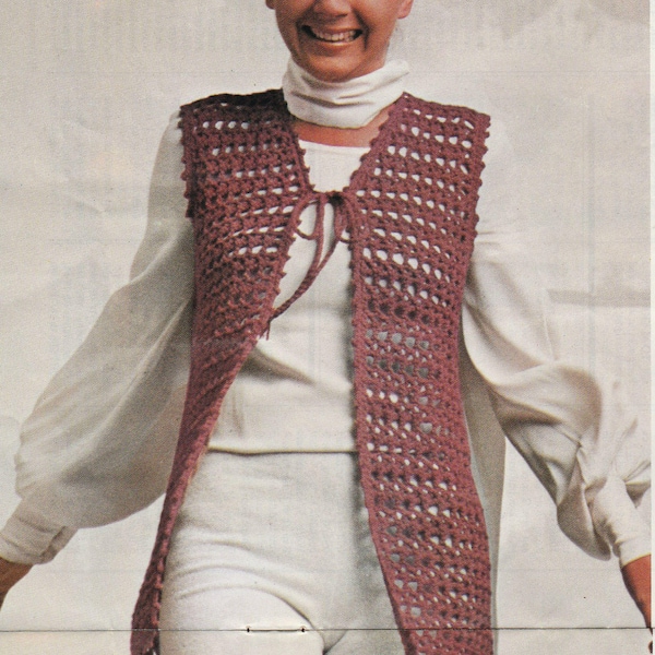 Long Vest Crochet Pattern Vintage 1970s LONG VEST CROCHET Pattern  top bohemian hippie easy quick fun Instant Download Pdf