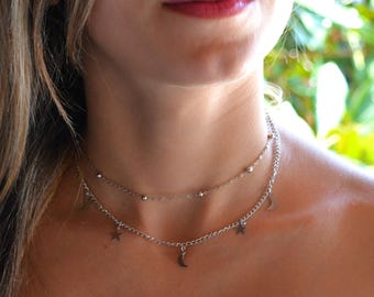 Dainty Choker /layered necklace, silver Choker / Choker Necklace, Dainty Choker, layered choker / Satellite Chain Choker/ star choker & moon