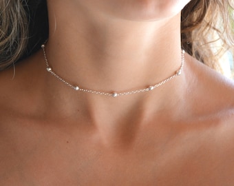 Pretty Sparkle Choker Necklace Minimalist Jewelry Sterling Silver Heart Charm Dainty Glass Bead Choker