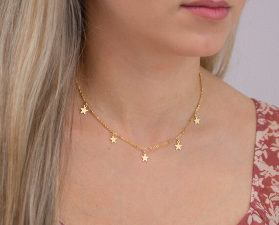 18K Gold Star Choker Gold Star Necklace 