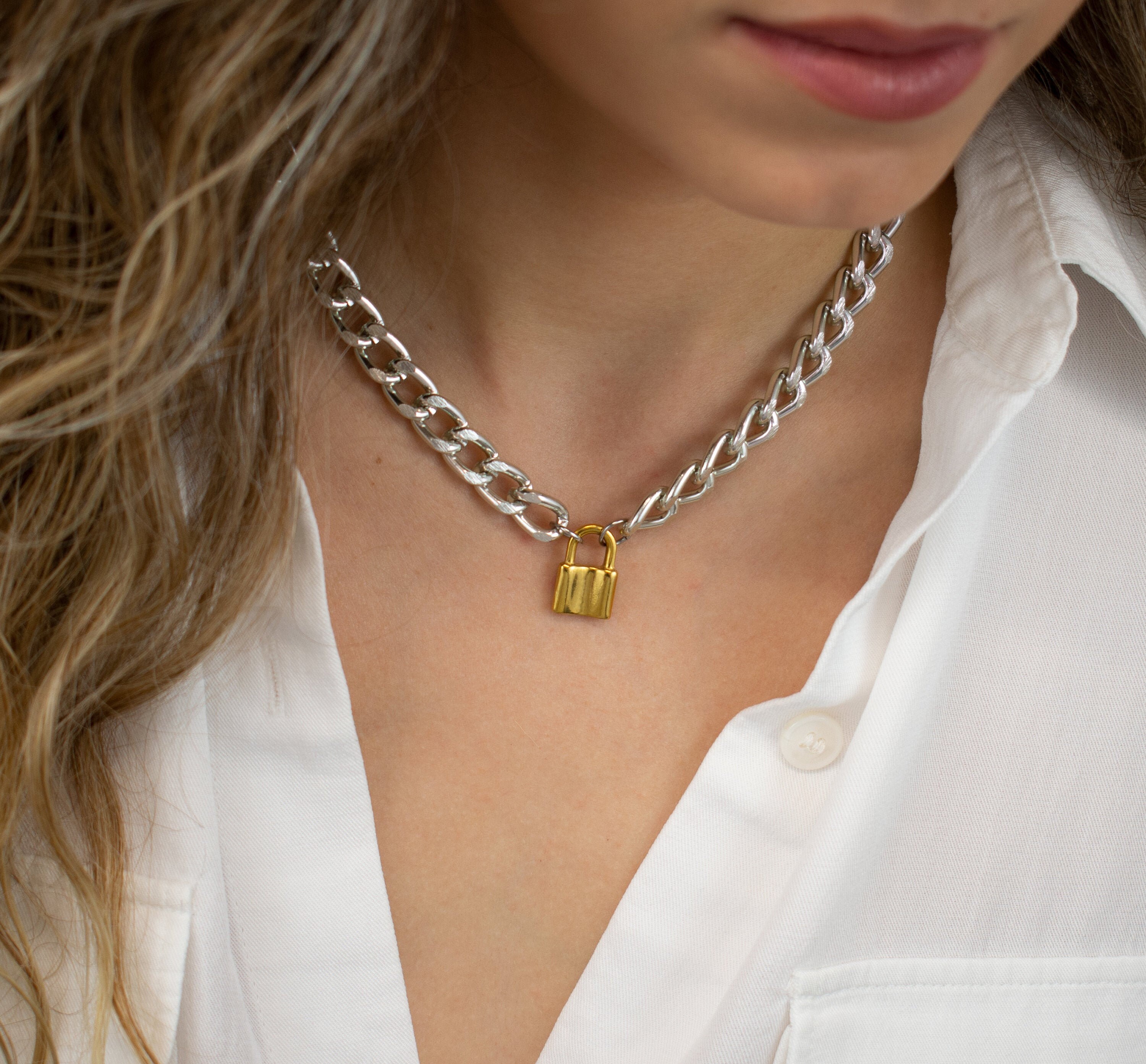 Gold Lock Necklace Padlock Chain 