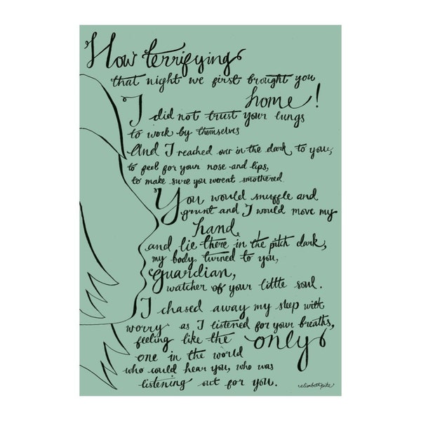 How Terrifying, original poem by Elisabeth Pike, motherhood poem, giclee poem print, hand lettering, illustrated poem, A5, A4, A3