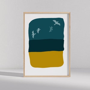 Seagulls diving print, beach seagulls print, Little Bird Editions, uplifting giclee print, A6, A5, A4, A3, four birds diving over sea art.