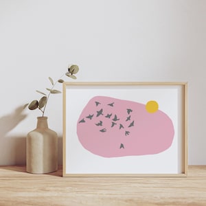 Starling bird murmuration print, pink uplifting bird art, bird wall art, giclee print, A6, A5, A4, A3, Little Bird Editions, gift idea.