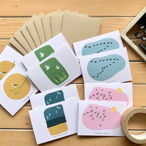 10 x Dankeskarten Packung mit Kraftpapier Umschlägen, leere Innenseite Vogel Dankeskarten, Danksagungskarten, A6, Lehrer Dankeschön, Hochzeit Dankeschön.