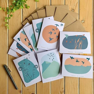 10 x Happy Birthday Birds Card Pack, 10 pack with kraft envelopes, A6, birthday cards pack, multipack of ten bird cards, bulk notecard pack.