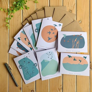 10 x Happy Birthday Birds Card Pack, 10 pack with kraft envelopes, A6, birthday cards pack, multipack of ten bird cards, bulk notecard pack.