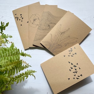 Quaderno Kraft A5, 36 pagine bianche, disegno al tratto, blocco per schizzi, felce, storni, papavero, onde, idea regalo per scrittori, blocco note artistico, diario.