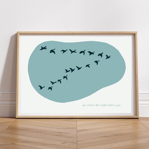 Go where the wind takes you, blue flock of geese flying art print, uplifting bird print, uplifting art, A6, A5, A4, A3 print, gift idea.