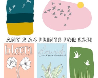 Two A4 prints bundle. Giclee print pack from Little Bird Editions, bird prints, uplifting wall art, gift idea, wall decor, Christmas gift.