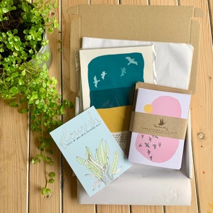 Set de regalo de pájaros: 1 lámina A5 de su elección, 1 paquete de tarjetas en blanco (en tonos pastel o brillantes). Idea de regalo, regalo postal, caja de regalo de cumpleaños con pájaros.