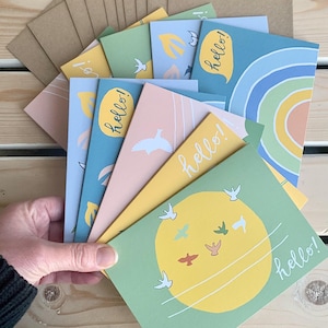 10 x cartões Hello bright bird, envelopes kraft em massa, A6, pacote de cartões para qualquer ocasião, pacote múltiplo de cartões em branco por dentro, pacote de cartões de feliz aniversário
