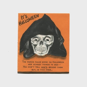 Paper invitation with Hooded Skull and Cute Puppy Dog, Hallmark 1940s, Vintage Halloween