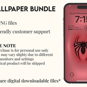 Op de afbeelding: Een digitaal downloadpakket met 8 telefoonachtergronden met een zwarte spin op een rode achtergrond. De afbeelding toont een telefoonscherm waarop een van de achtergronden wordt weergegeven. De tekst op het scherm luidt "Thu 30 No upcoming events 7:15".
