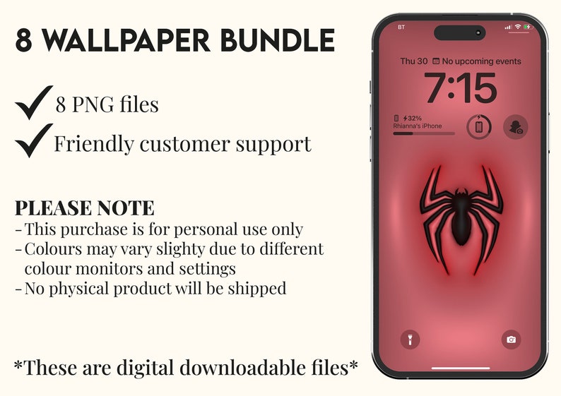 Op de afbeelding: Een digitaal downloadpakket met 8 telefoonachtergronden met een zwarte spin op een rode achtergrond. De afbeelding toont een telefoonscherm waarop een van de achtergronden wordt weergegeven. De tekst op het scherm luidt "Thu 30 No upcoming events 7:15".