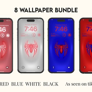 Op de afbeelding: Een set van acht telefoonachtergronden met een rood Spider-Man-logo op verschillende gekleurde achtergronden. De kleuren zijn roze, rood, blauw, wit en zwart. De achtergronden zijn ontworpen voor gebruik op een smartphone. Zoals te zien op TikTok.