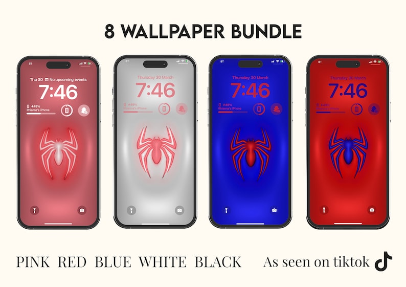 Op de afbeelding: Een set van acht telefoonachtergronden met een rood Spider-Man-logo op verschillende gekleurde achtergronden. De kleuren zijn roze, rood, blauw, wit en zwart. De achtergronden zijn ontworpen voor gebruik op een smartphone. Zoals te zien op TikTok.
