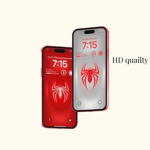 Op de afbeelding: Twee rode iPhone-mockups met een rode spin-afbeelding op het scherm. De tijd is 7:15 op beide telefoons. De tekst "HD-kwaliteit" staat in de rechterbovenhoek van de afbeelding.