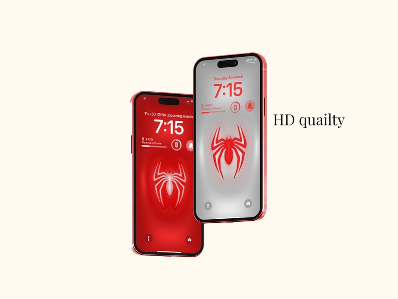 Op de afbeelding: Twee rode iPhone-mockups met een rode spin-afbeelding op het scherm. De tijd is 7:15 op beide telefoons. De tekst "HD-kwaliteit" staat in de rechterbovenhoek van de afbeelding.