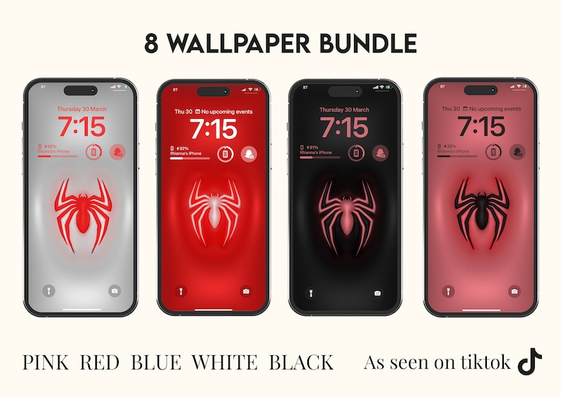 Op de afbeelding: Een bundel van 8 telefoonachtergronden met een rood spinnen-silhouet op verschillende gekleurde achtergronden. De achtergronden omvatten roze, rood, blauw, wit en zwart. De tekst "8 WALLPAPER BUNDLE" staat bovenaan de afbeelding. De tekst "PINK RED BLUE WHITE BLACK" staat onderaan de afbeelding. De tekst "As seen on tiktok" staat onderaan de afbeelding met een TikTok-logo.