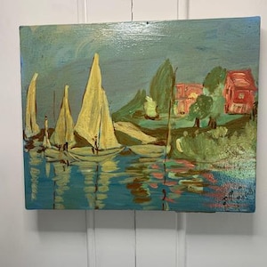 An original painting of a riverside scene. A summer palette combined with a naive painting technique gives the whole picture a simple charm.