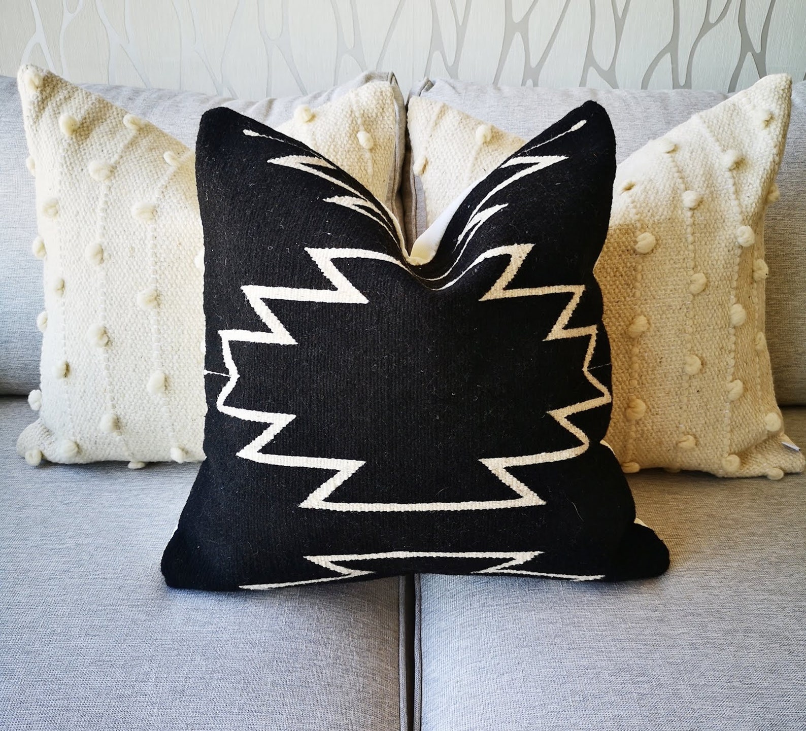 Black Cushion Cover With Wool Beige Etsy UK