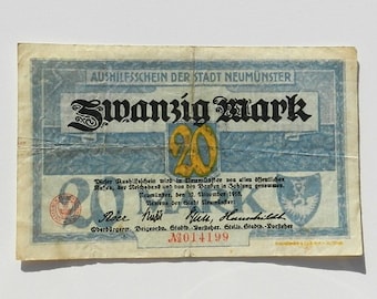 Inflation German Banknote 1923 Year 20 marks Zwanzig  Mark  Stat Neumunster Notgeld Banknote Antique Money