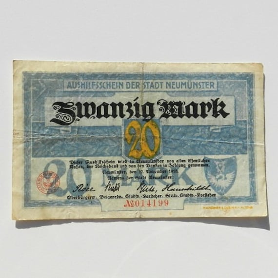 1923年ドイツインフレ紙幣、20マルクノットゲルトアンティークマネー