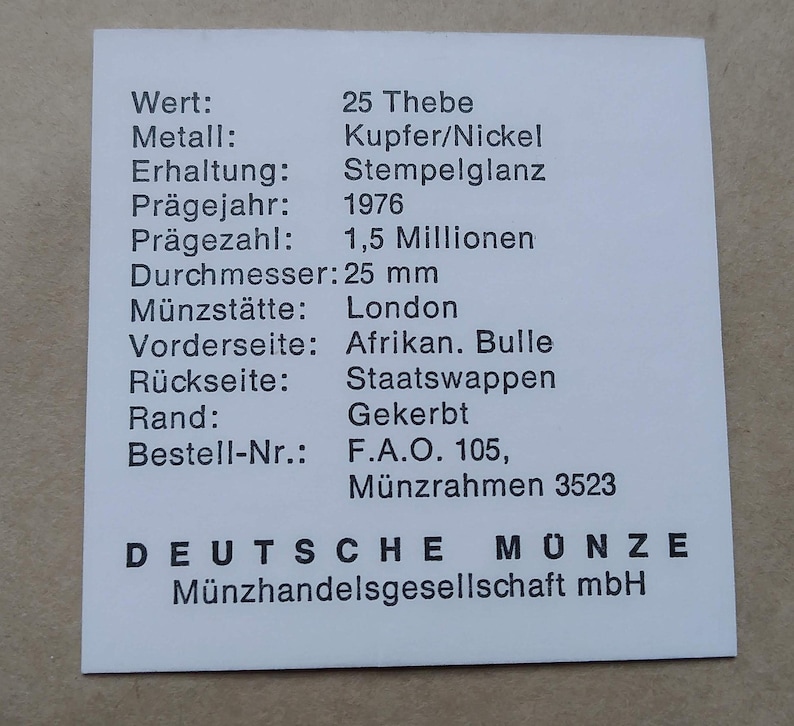 1976 Bostwana 25 Thebe FAO Weltsamlung coin In Plastic Bag With Full Description