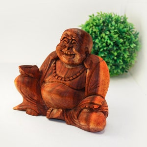 Vintage Laughing Buddha Wooden Carved Statue, Happy Buddha Hotei Statuette Figurine