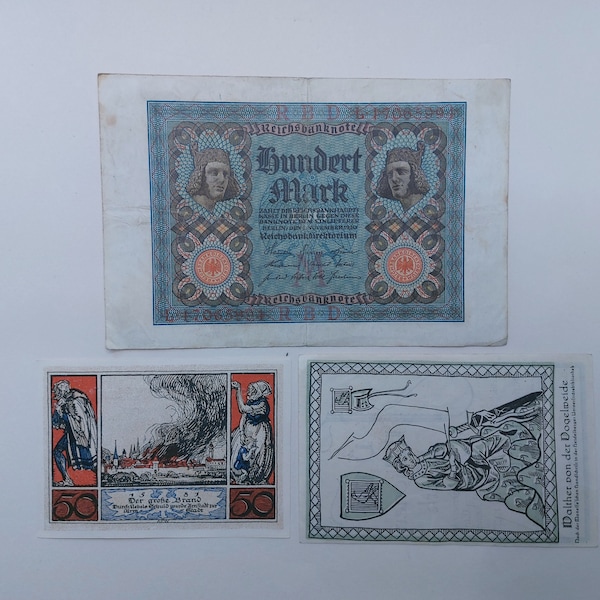 Antique Banknotes Germany 1910 - 1925 Years Reich Banknotes Reichsmarks , Antique Money Inflation