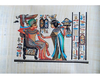 Egyptian Papyrus Painting - King Tut and Wife  - Hand Painted Best Price Original Papyrus
