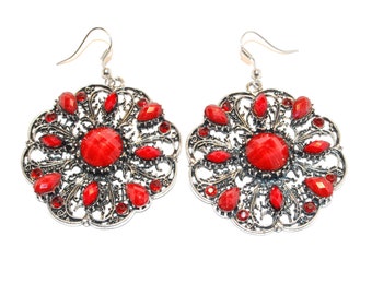 Dangle Earrings Silver Color Red Glass Beads Earrings