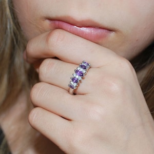 Vintage 925 Sterling Silver Amethyst Ring | Genuine Amethyst & Zirconium Stones | Beautiful Romantic Gift For Her