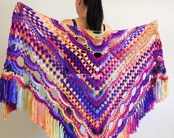 from USA Burnt Orange Crochet Shawl Wrap Fringe Violet Triangle Boho Shawl Colorful Rainbow Shawl Big Multicolor Hand Knitted Evening Shawl