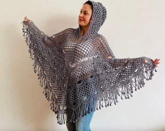 from USA Gray women poncho fringed hood vest crochet wool cotton plus size knit shoulder wrap poncho beach cover up hippie summer wrap