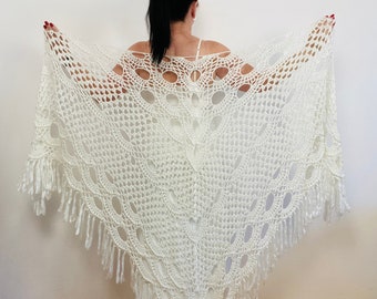 White wedding fringe wool shawl, Beige triangle bridal shawl, bridesmaid winter wrap, summer bride lace shawl evening