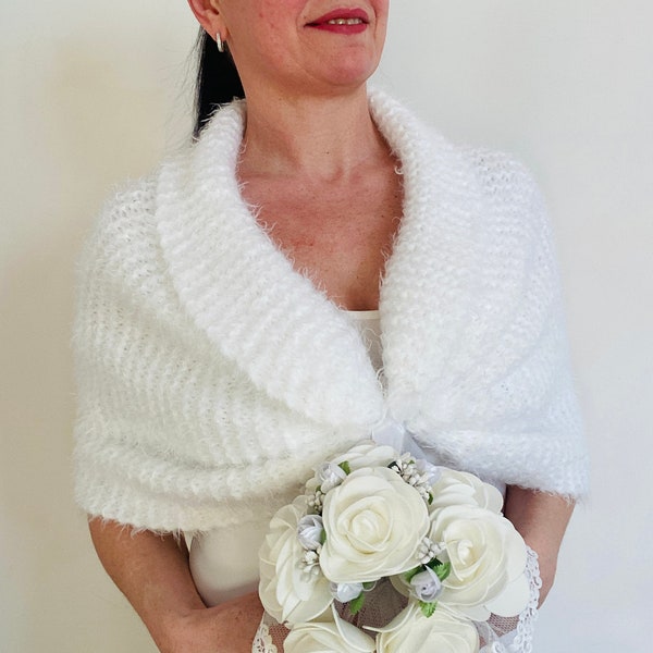 from USA White Wedding Shawl, bridal mohair wrap, beige knit bridal bolero winter fall wedding cover up, shawls and wraps, stole